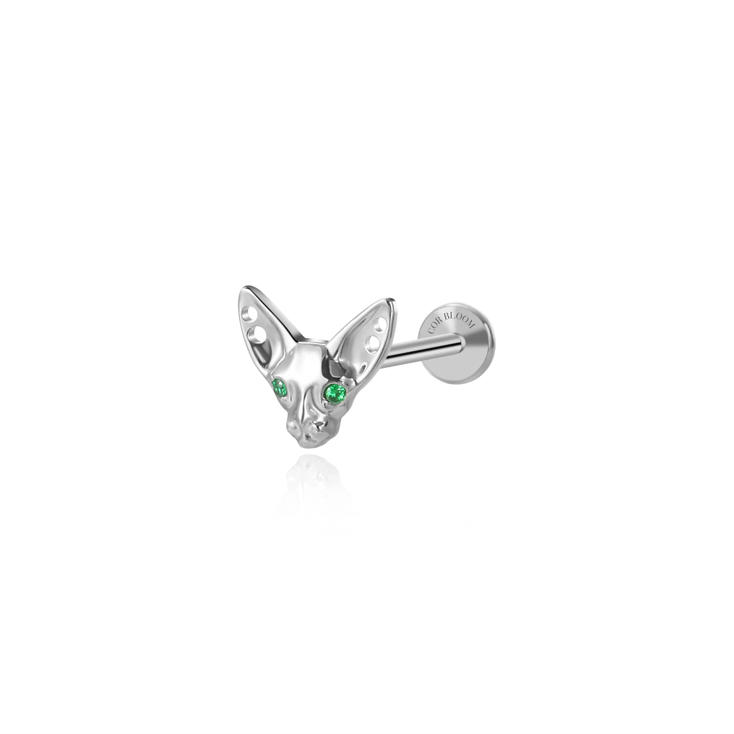 Titanium Green Emerald Eye Sphynx Cat Flat Back Stud
