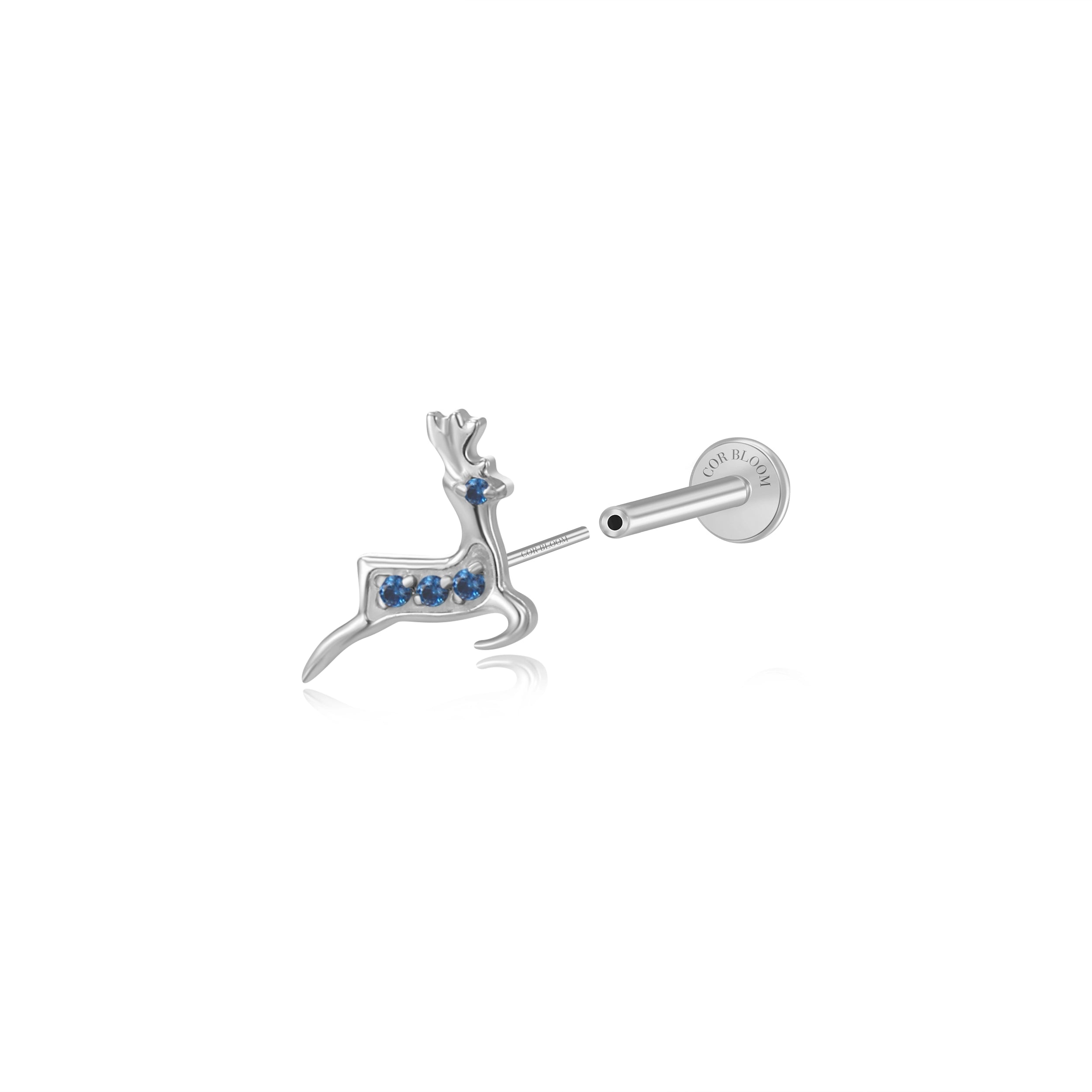 Titanium Reindeer Flat Back Stud - Blue Sapphire