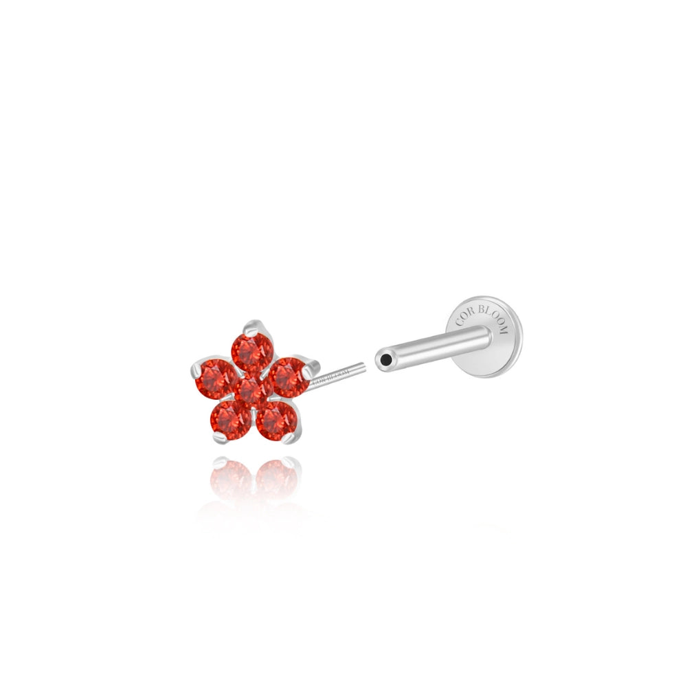Titanium Nova Flower Stud - Red Garnet
