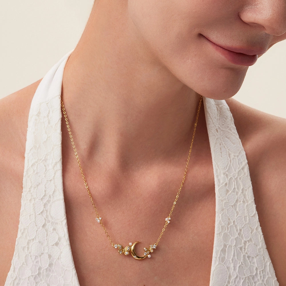 Diamond Crescent Moon & Butterfly Necklace