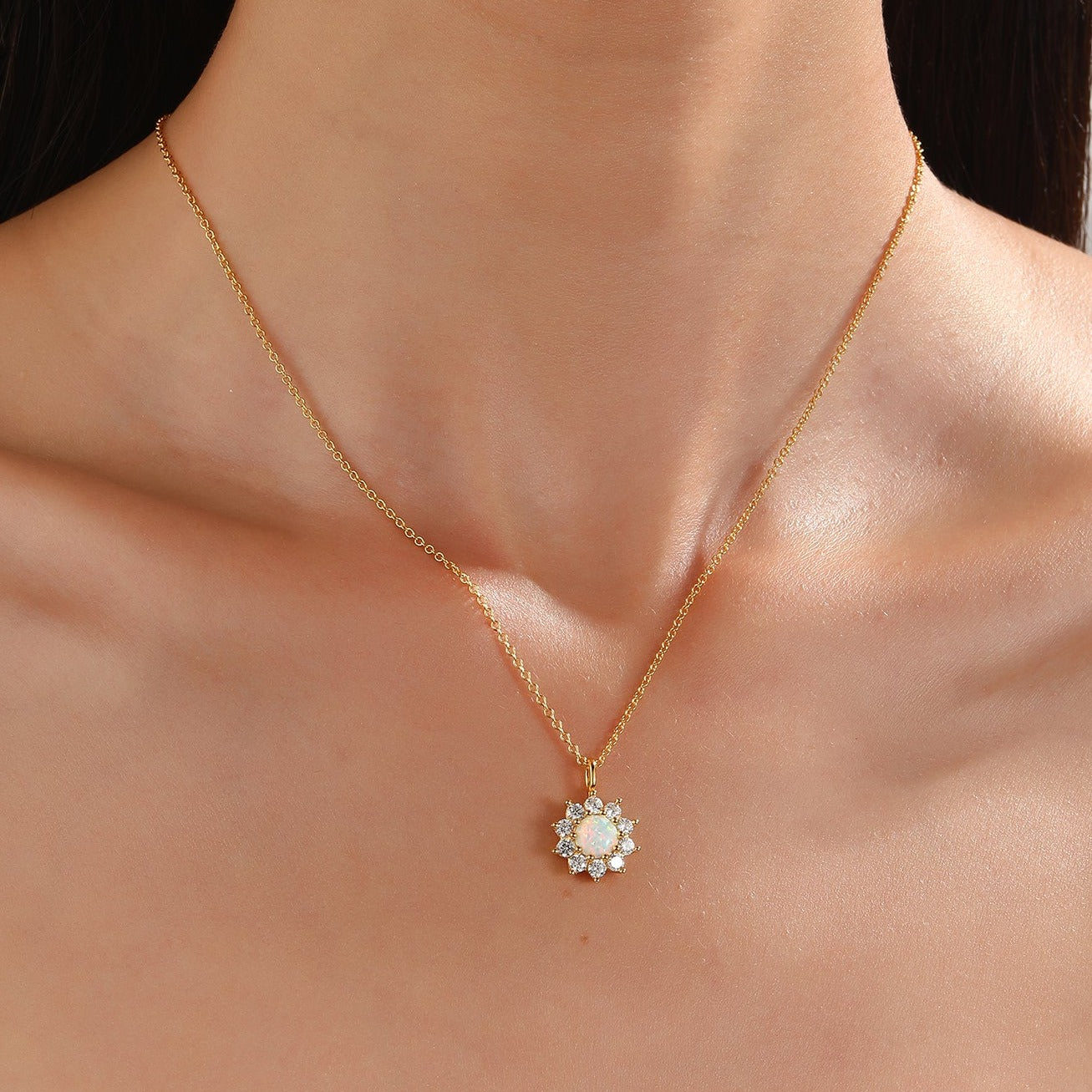 Sparkling White Opal Sunflower Necklace