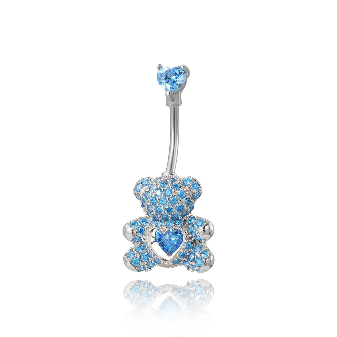 Aquamarine Teddy Bear Belly Button Ring (With Dangling Heart)