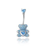 Aquamarine Teddy Bear Belly Button Ring (With Dangling Heart)