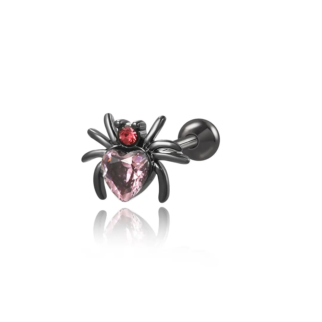 Pink Heart Black Spider Screw Back Earring