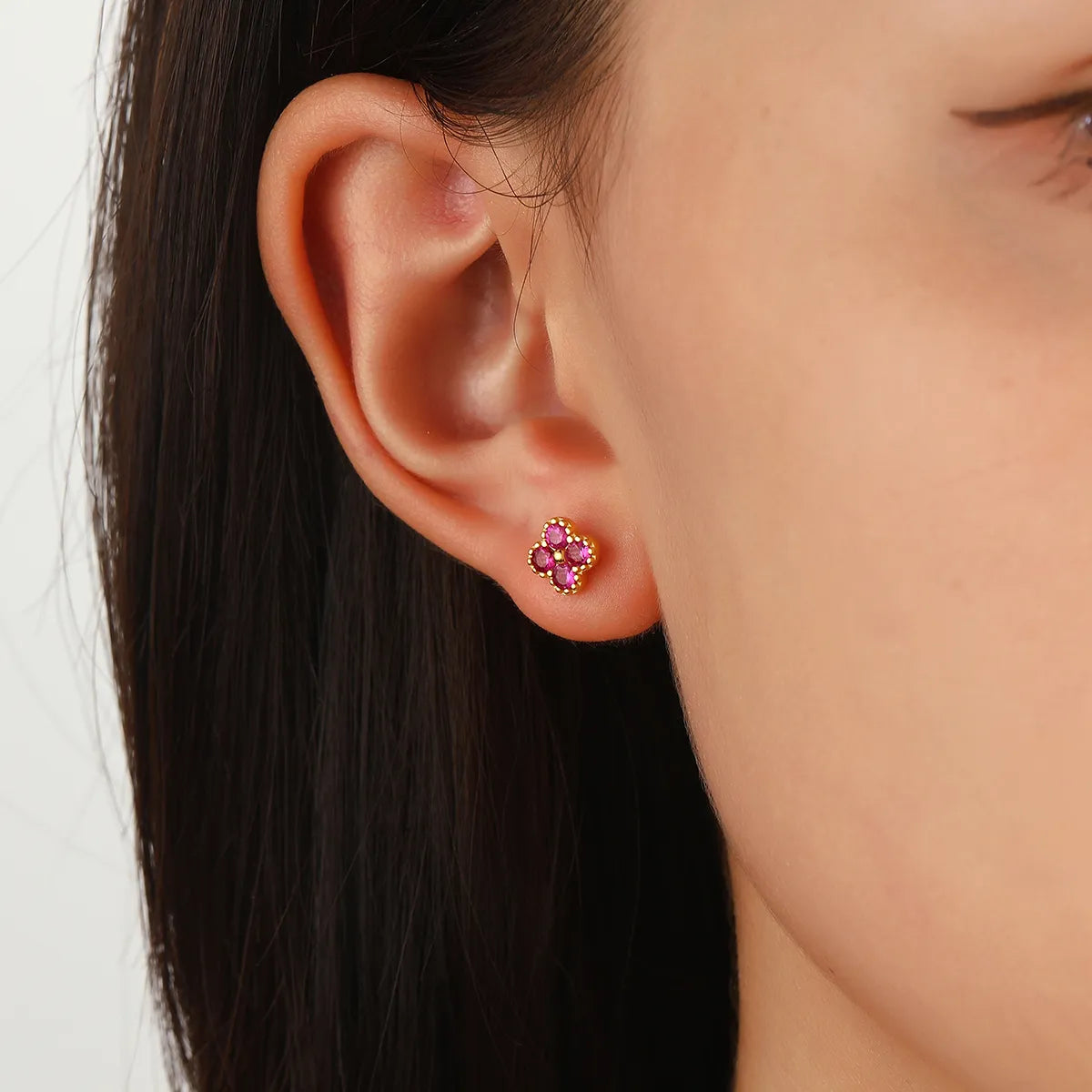 Four-Leaf Ruby Gemstone Stud Earrings
