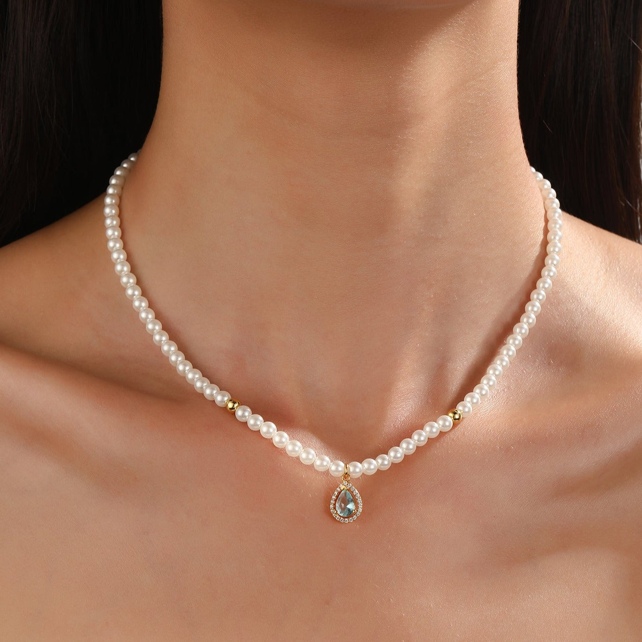 AQUAMARINE LIGHT BLUE Gemstone Pearl Necklace