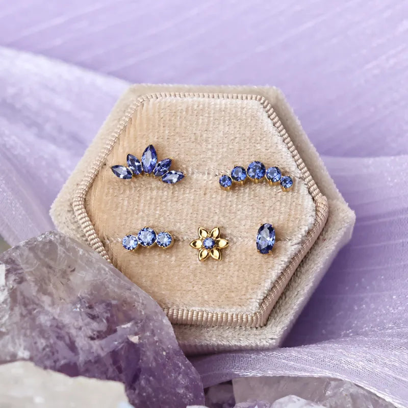 Titanium Azalea Dainty Tanzanite Flower Flat Back Stud