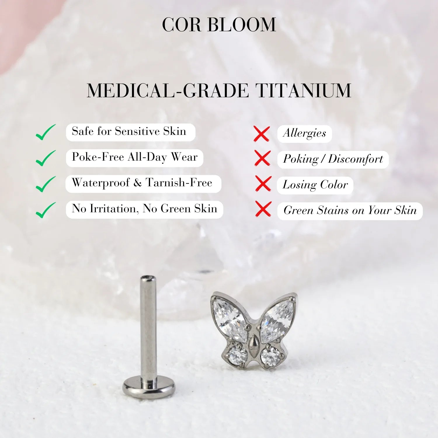 Titanium Diamond Butterfly Flat Back Piercing Stud