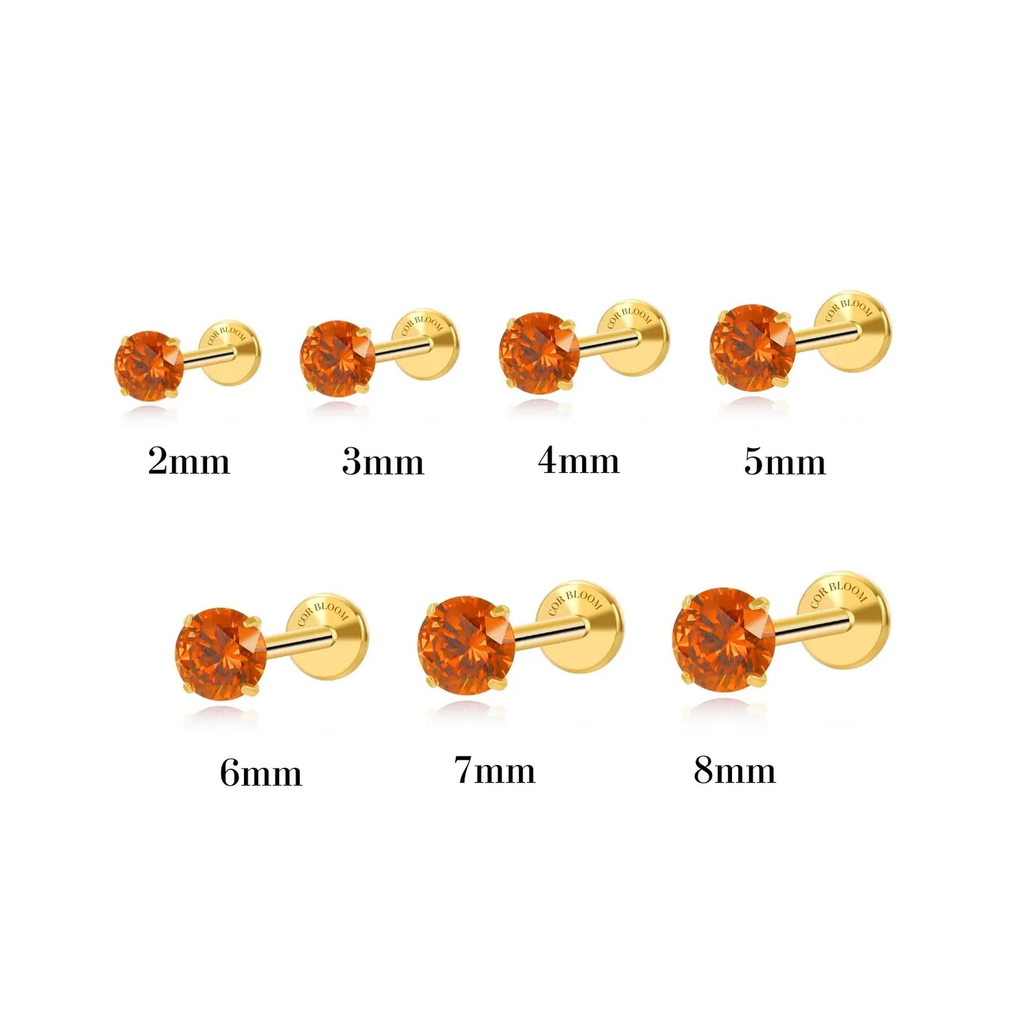 Titanium Multisize Orange Red Gemstone Piercing Stud