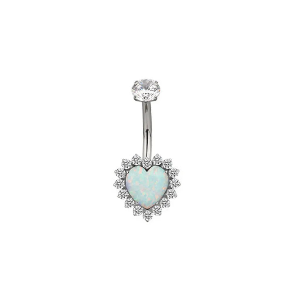 Titanium Fantasy Heart Belly Ring - White Opal