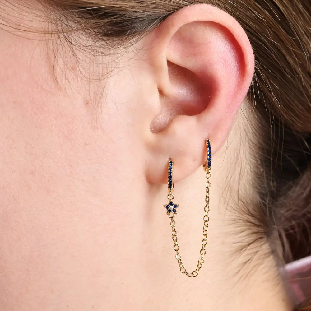 Aleena Pave Star Chain Earring - Blue Sapphire
