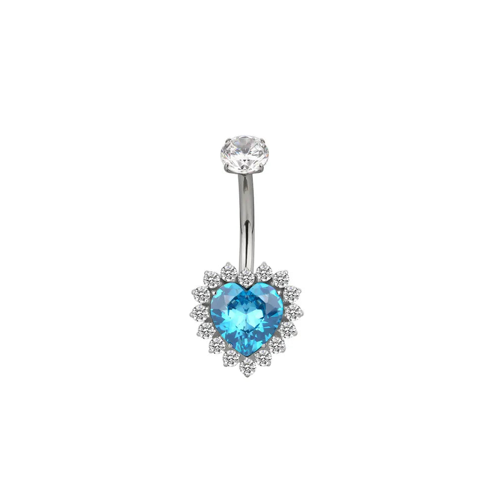 Titanium Fantasy Heart Belly Ring - Aquamarine