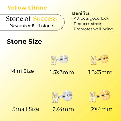 Titanium Irida Small Rectangular Baguette Flat Back Stud - Yellow Citrine