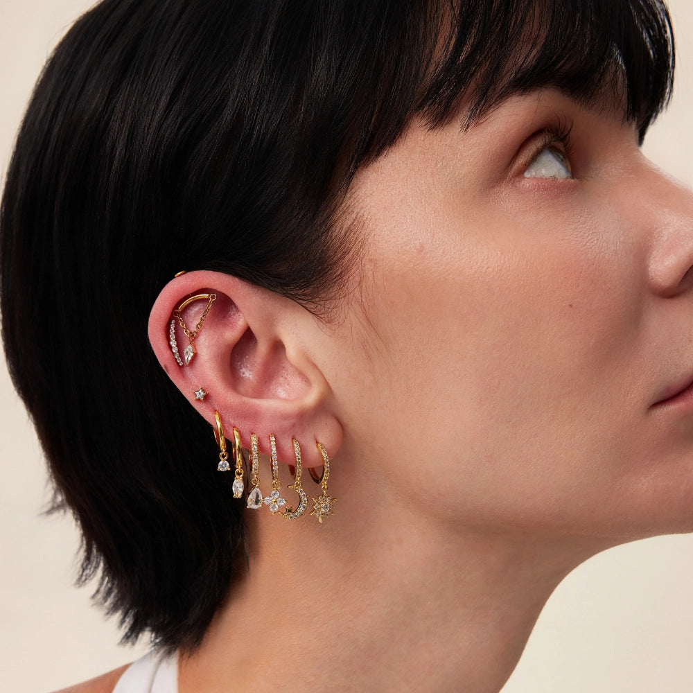 Estelle Crescent Moon & Guiding Star Hoop Earrings - Ruby