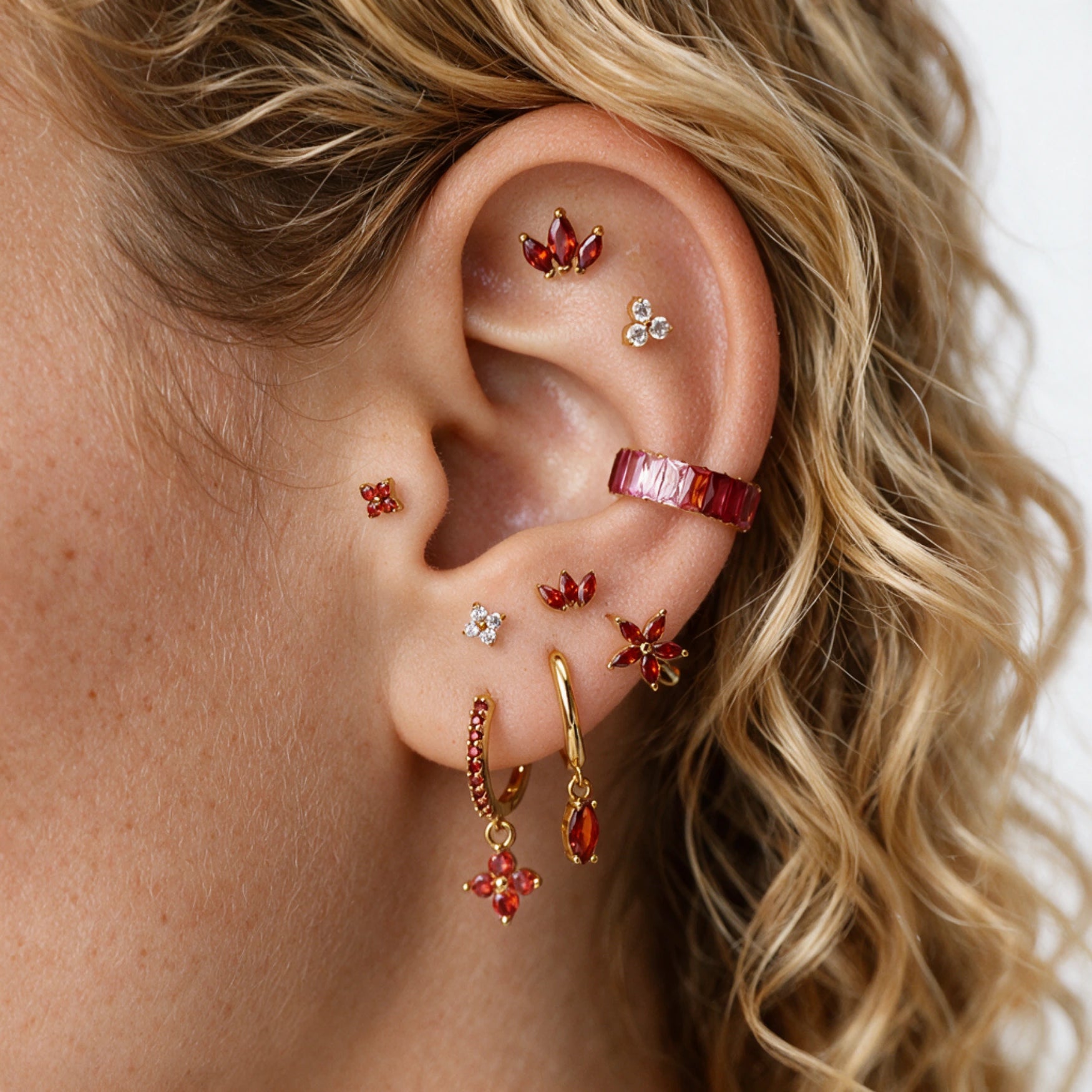 Doris Red Garnet Marquise Charm Hoop Earrings