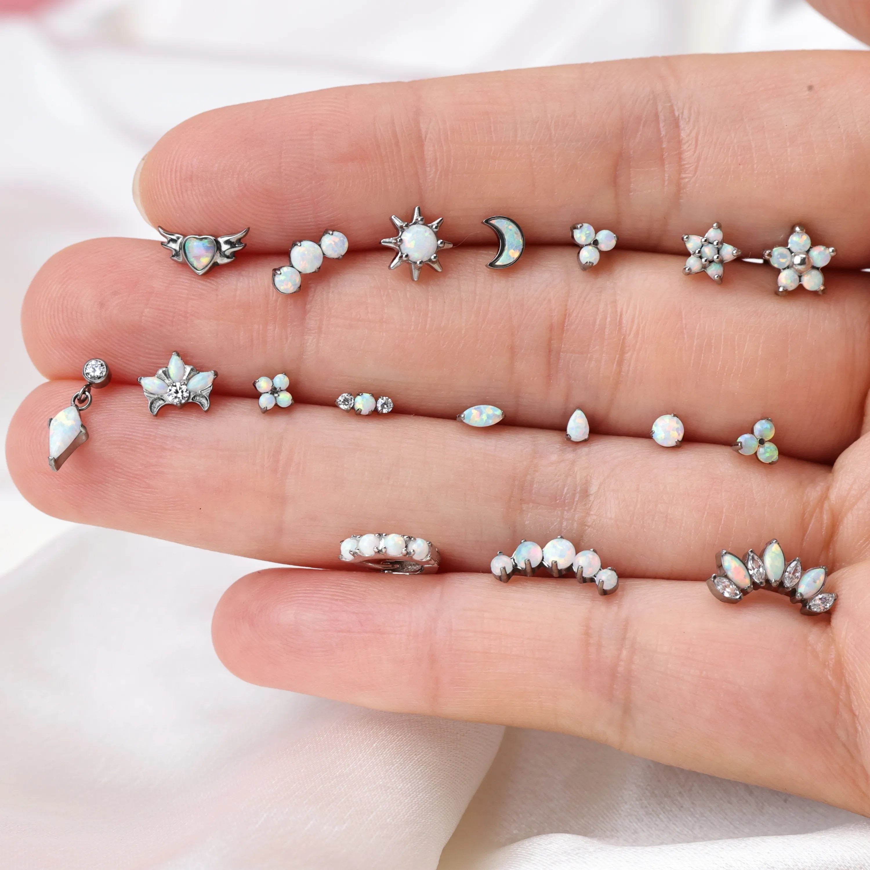 Titanium Daphne White Opal Five Stone Cluster Flat Back Stud