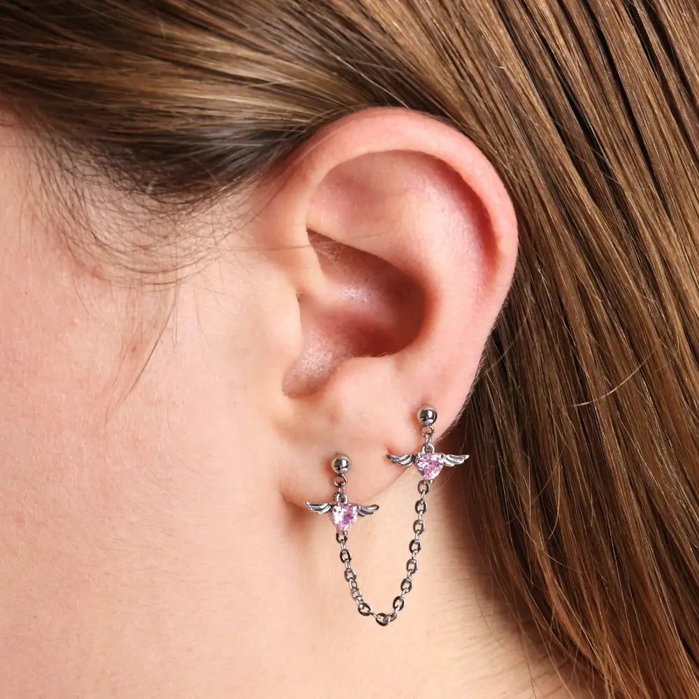 Pink Angel Heart Connected Chain Screw Back Earring