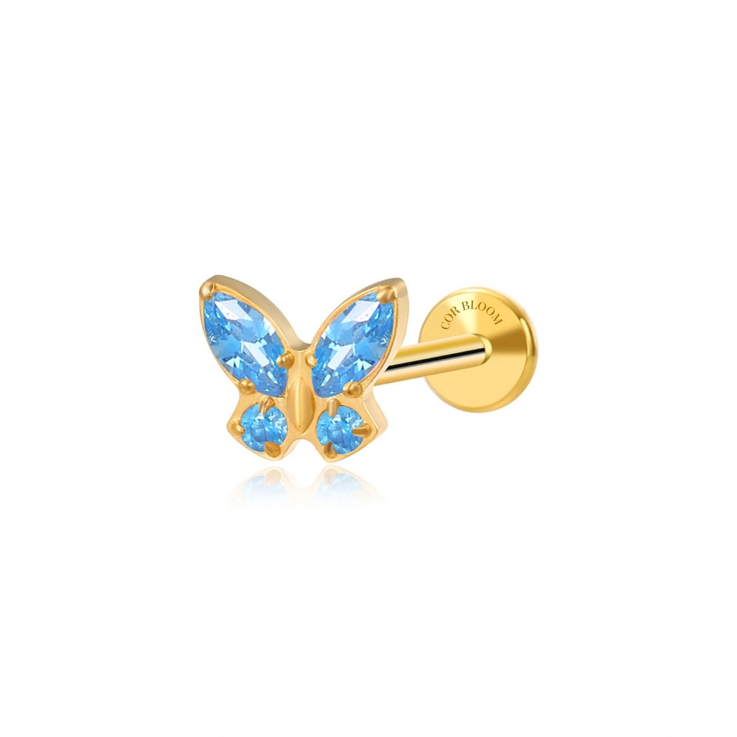Titanium Aquamarine Butterfly Flat Back Piercing Stud