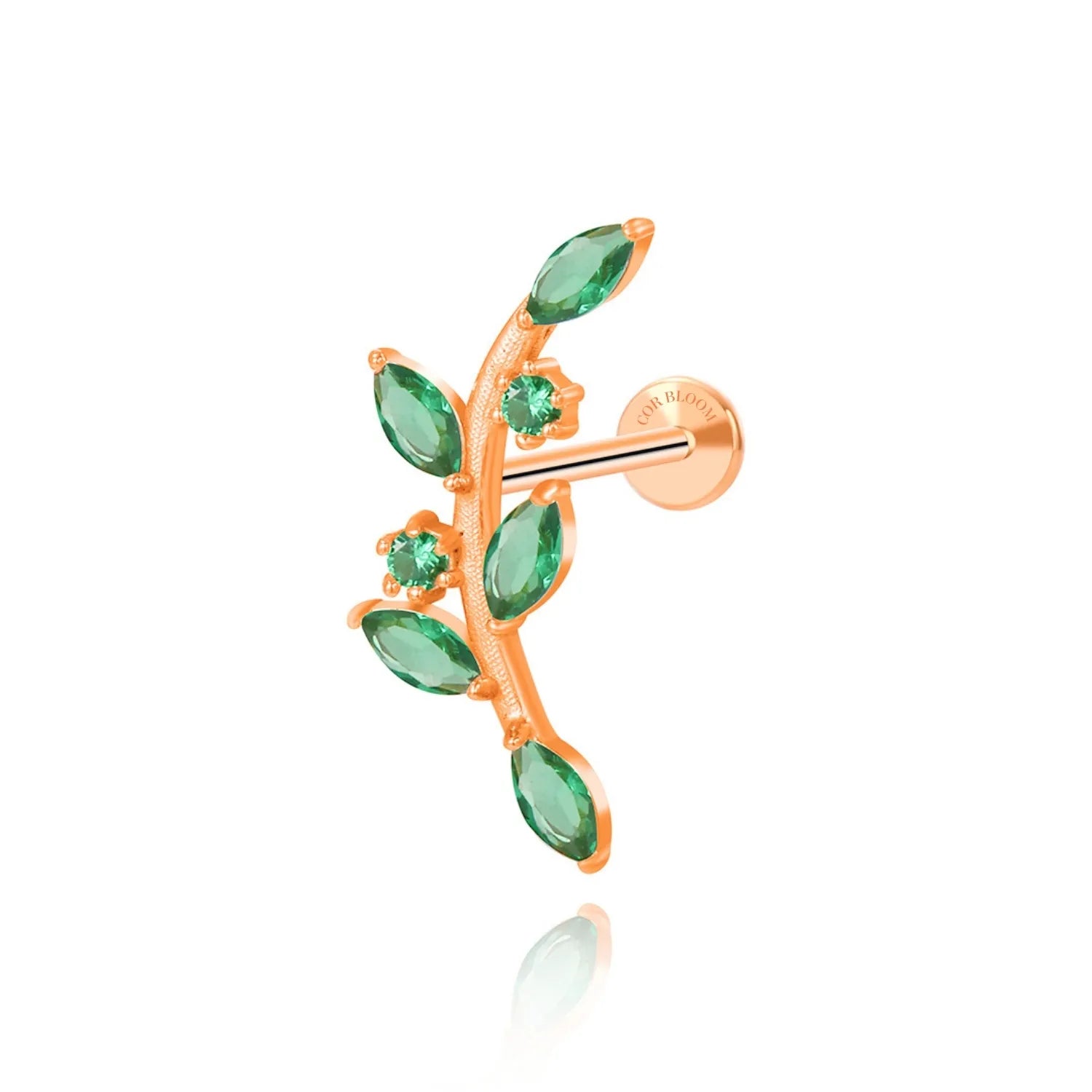Dainty Green Emerald Climbing Leaf Stud - Threaded
