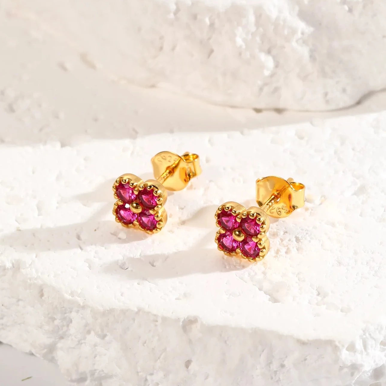 Four-Leaf Ruby Gemstone Stud Earrings