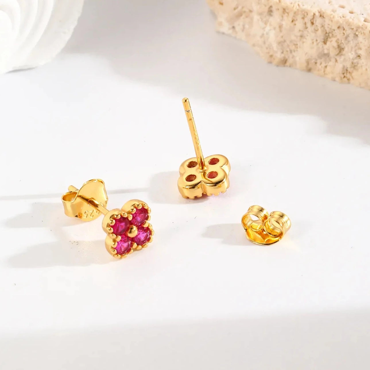 Four-Leaf Ruby Gemstone Stud Earrings