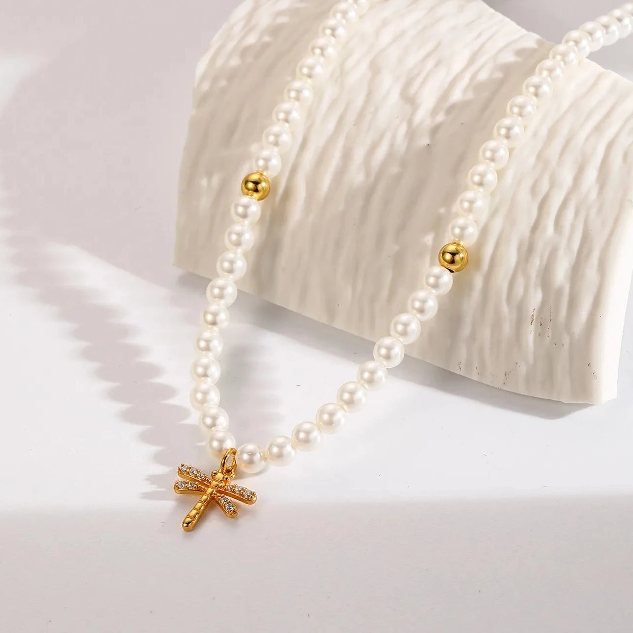 Pave Dragonfly Pearl Necklace