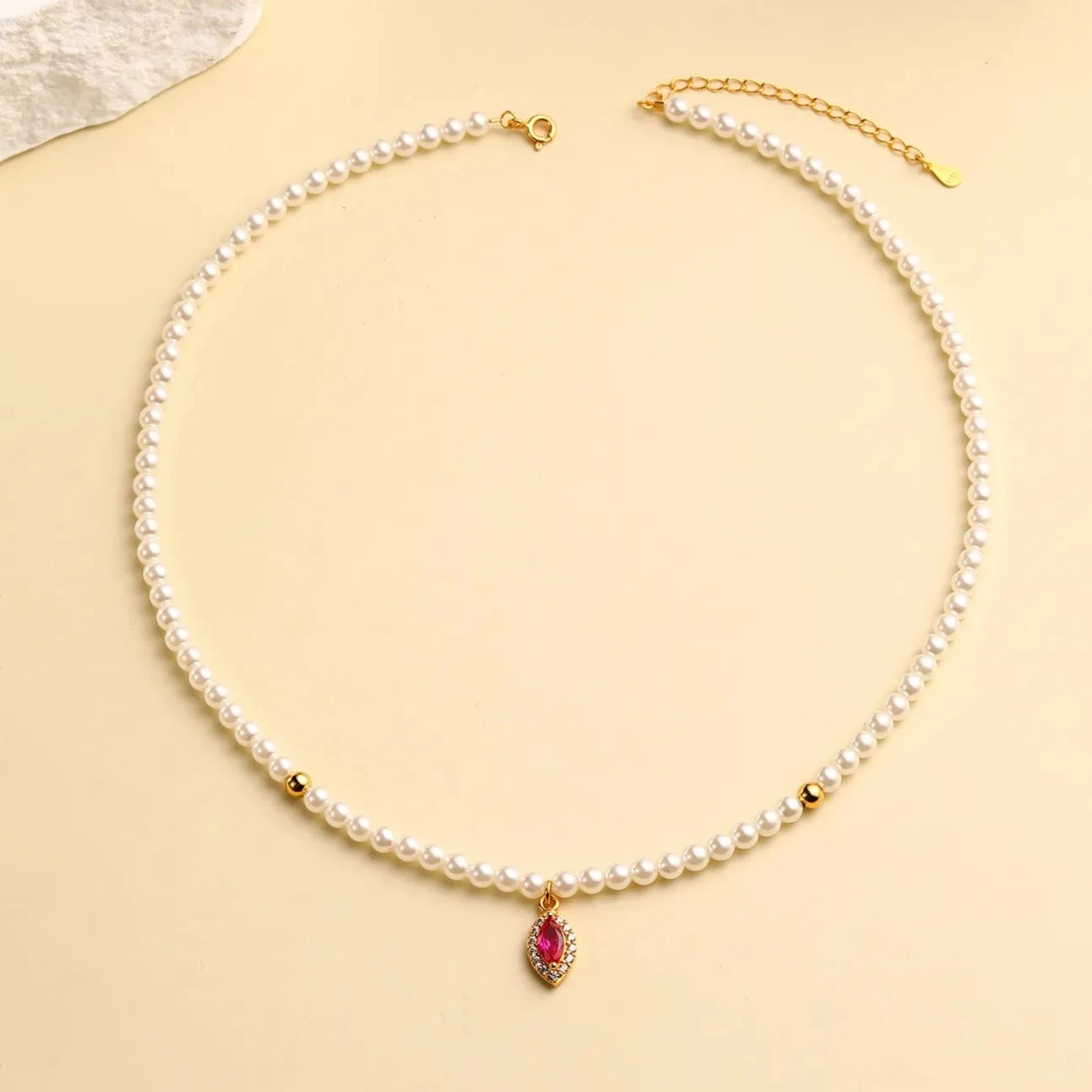 Luxe Oval Ruby Gemstone Pearl Necklace