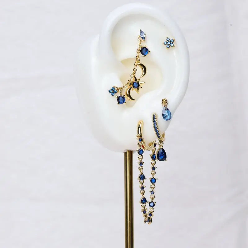 Titanium Freyja Floating Waterdrop Stud | Vertical Helix Earring - Blue Sapphire