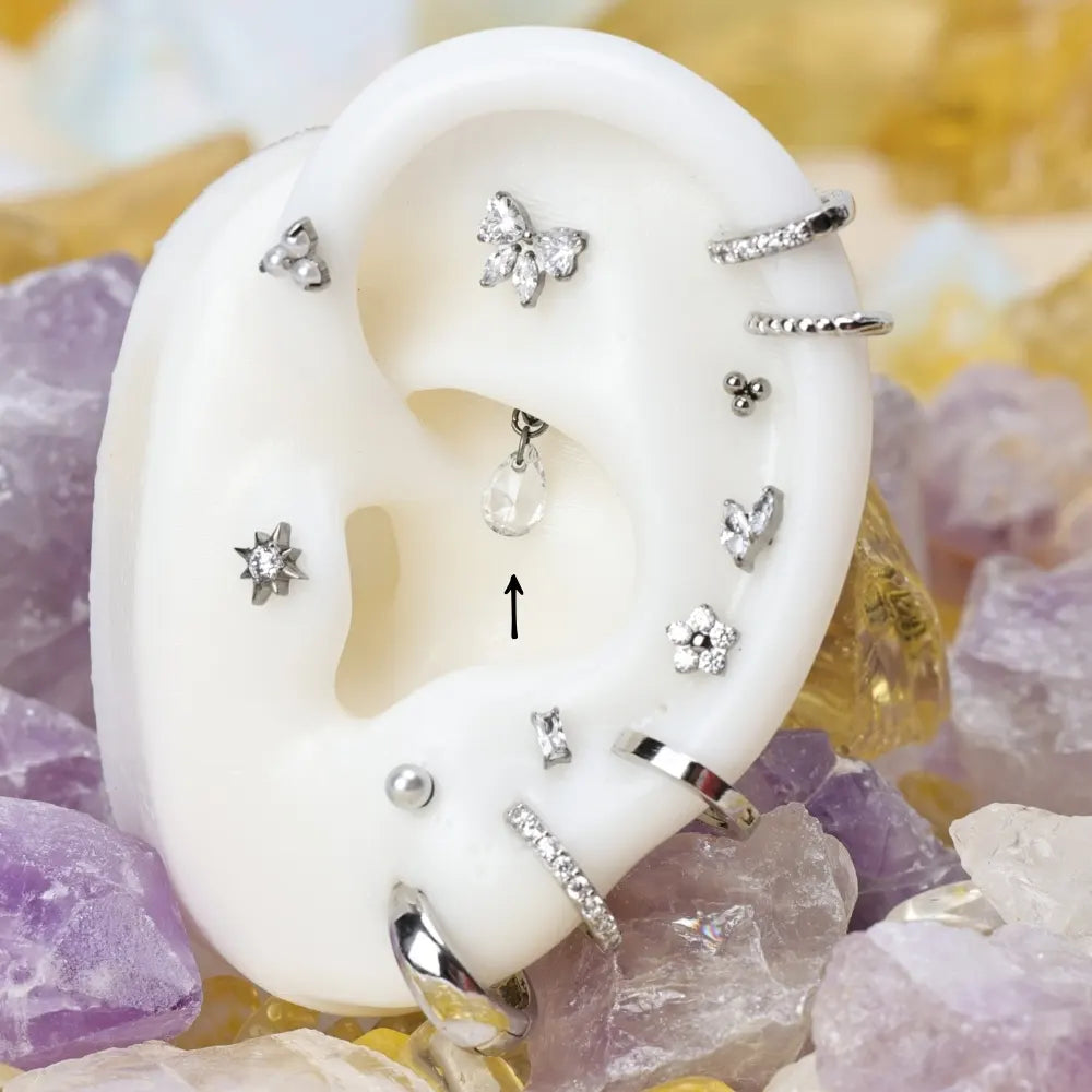 Titanium Floating Waterdrop Diamond Charm Stud | Vertical Helix Stud