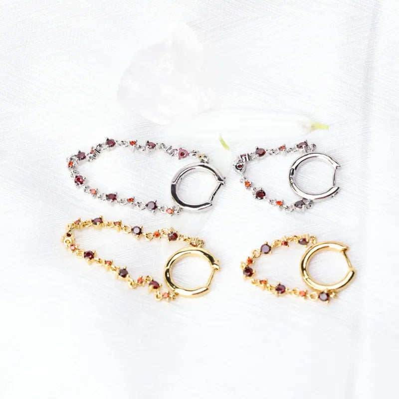 Livia Red Garnet Dangling Chain Hoop Earring