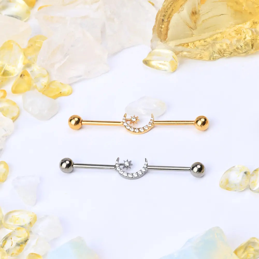 Titanium Sparkling Crescent Moon Industrial Barbell (14G | 38mm)