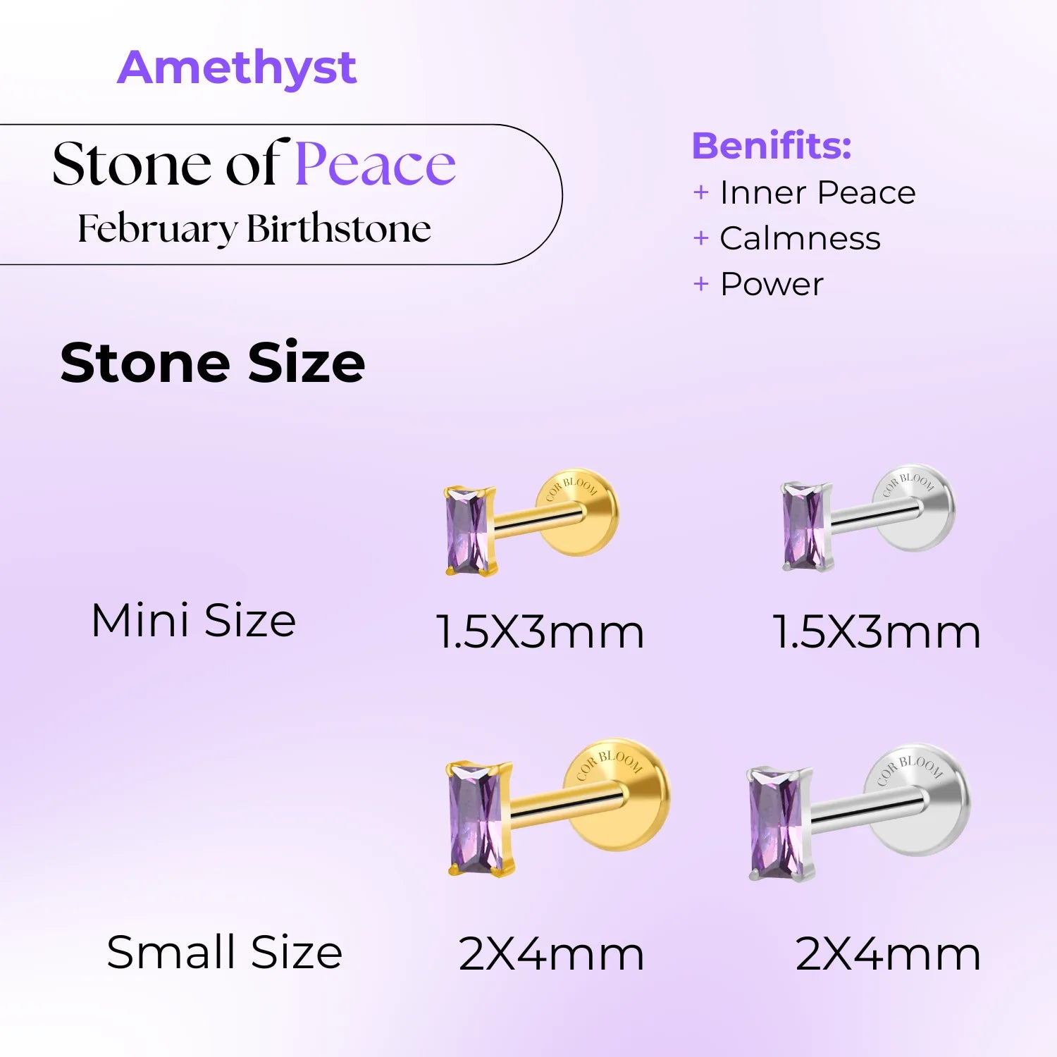 Titanium Irida Small Rectangular Baguette Flat Back Stud - Amethyst