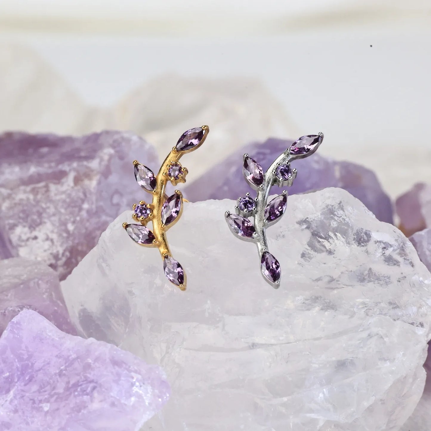 Dainty Amethyst Climbing Leaf Piercing Stud