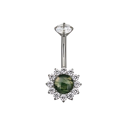 Titanium Moss Agate Sunflower Belly Button Ring