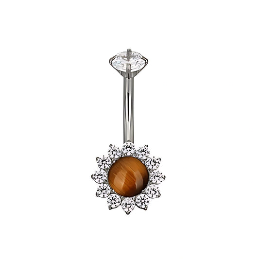 Titanium Tiger Eye Sunflower Belly Button Ring