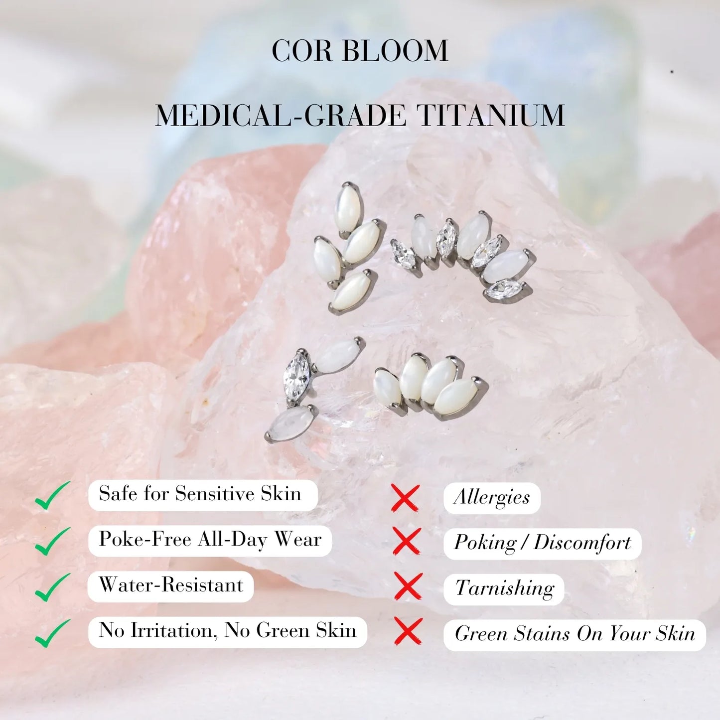 Titanium 5-Petal White Jade Marquise Flat Back Stud