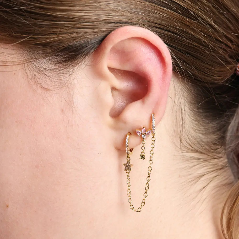 Aleena Pave Star Chain Earring - Pink Tourmaline