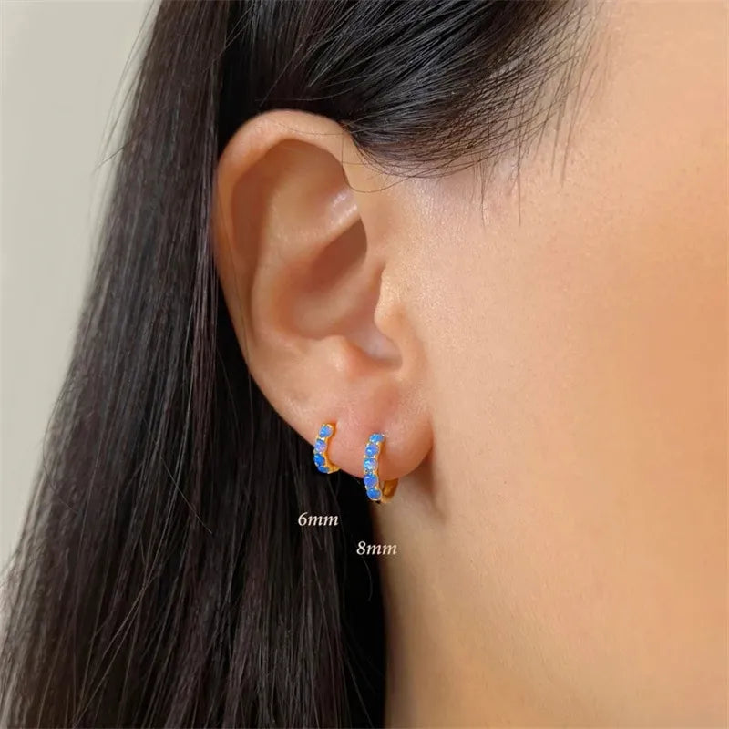 Blue Opal Stone Huggie Earrings
