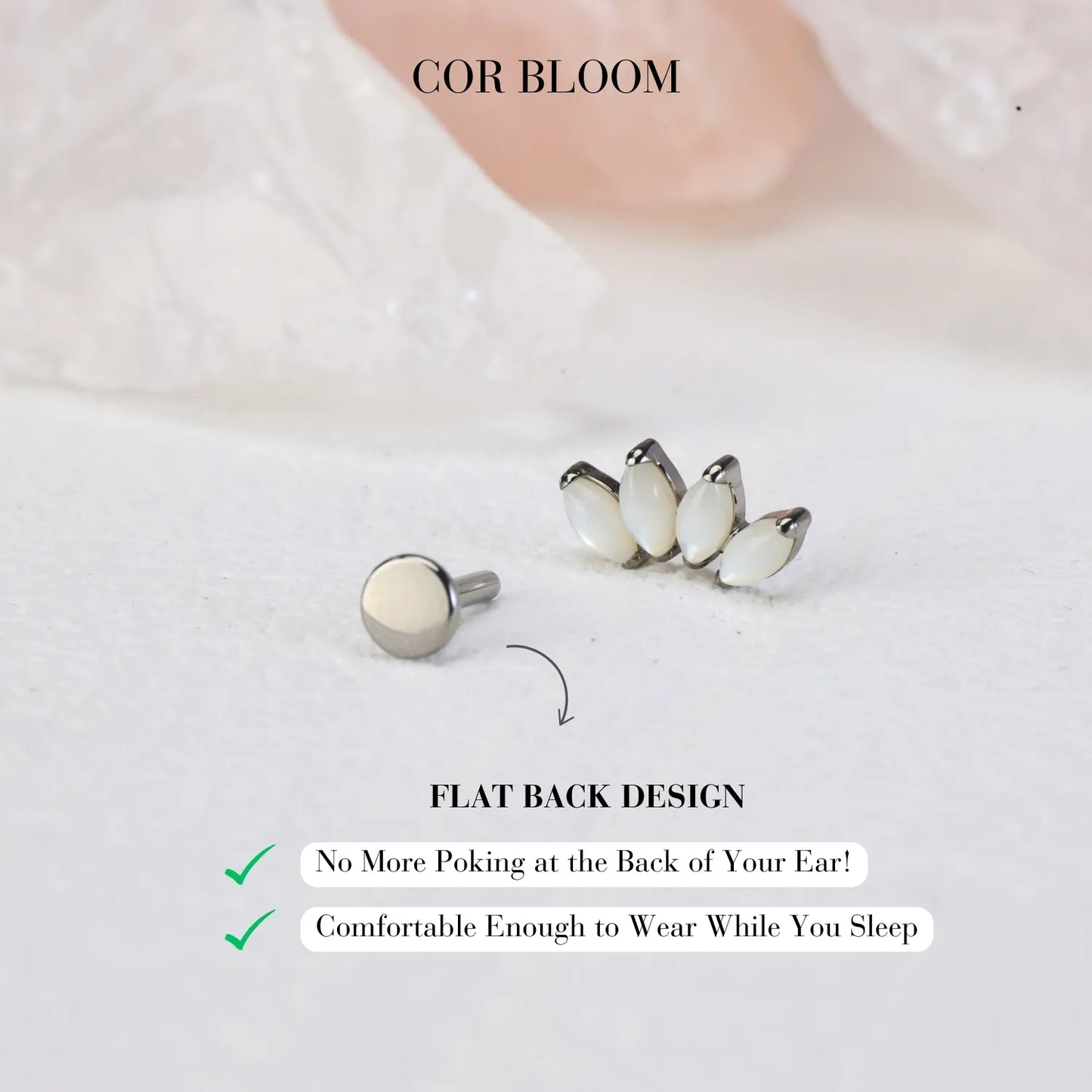 Titanium 5-Petal White Jade Marquise Flat Back Stud