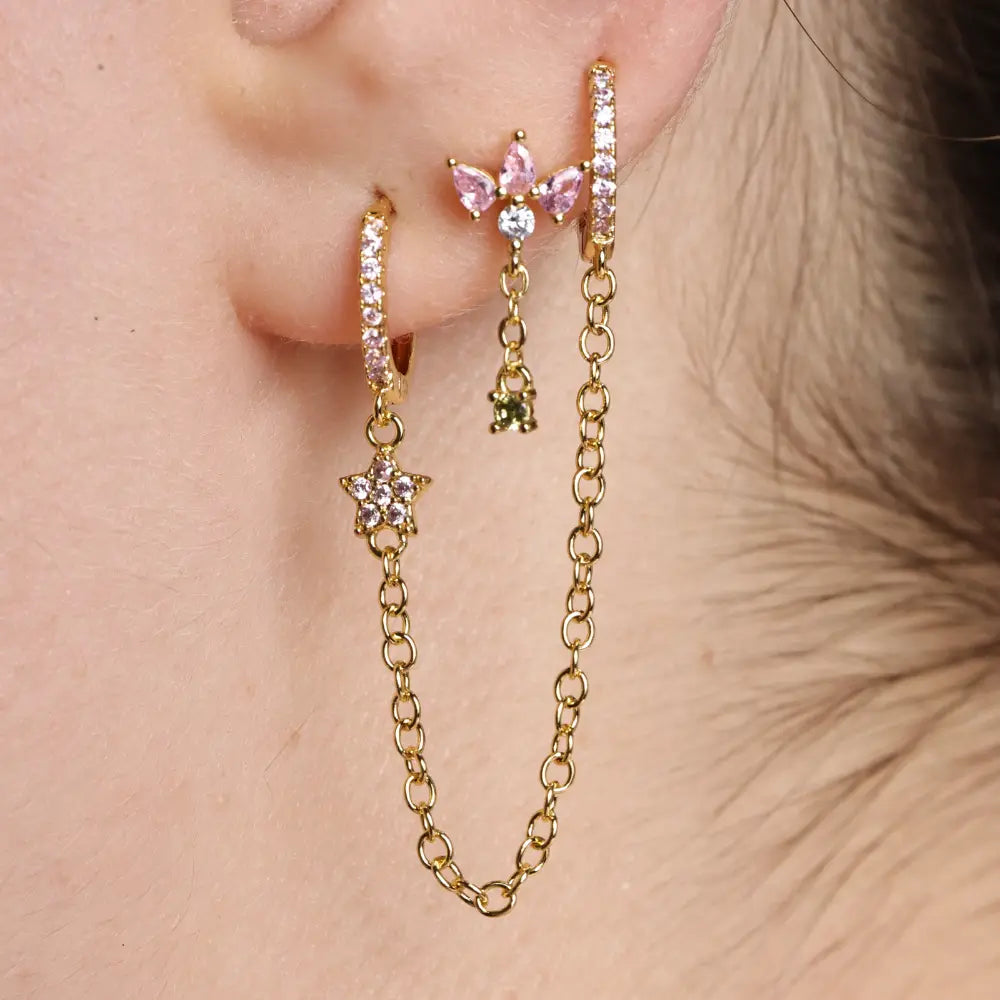 Aleena Pave Star Chain Earring - Pink Tourmaline