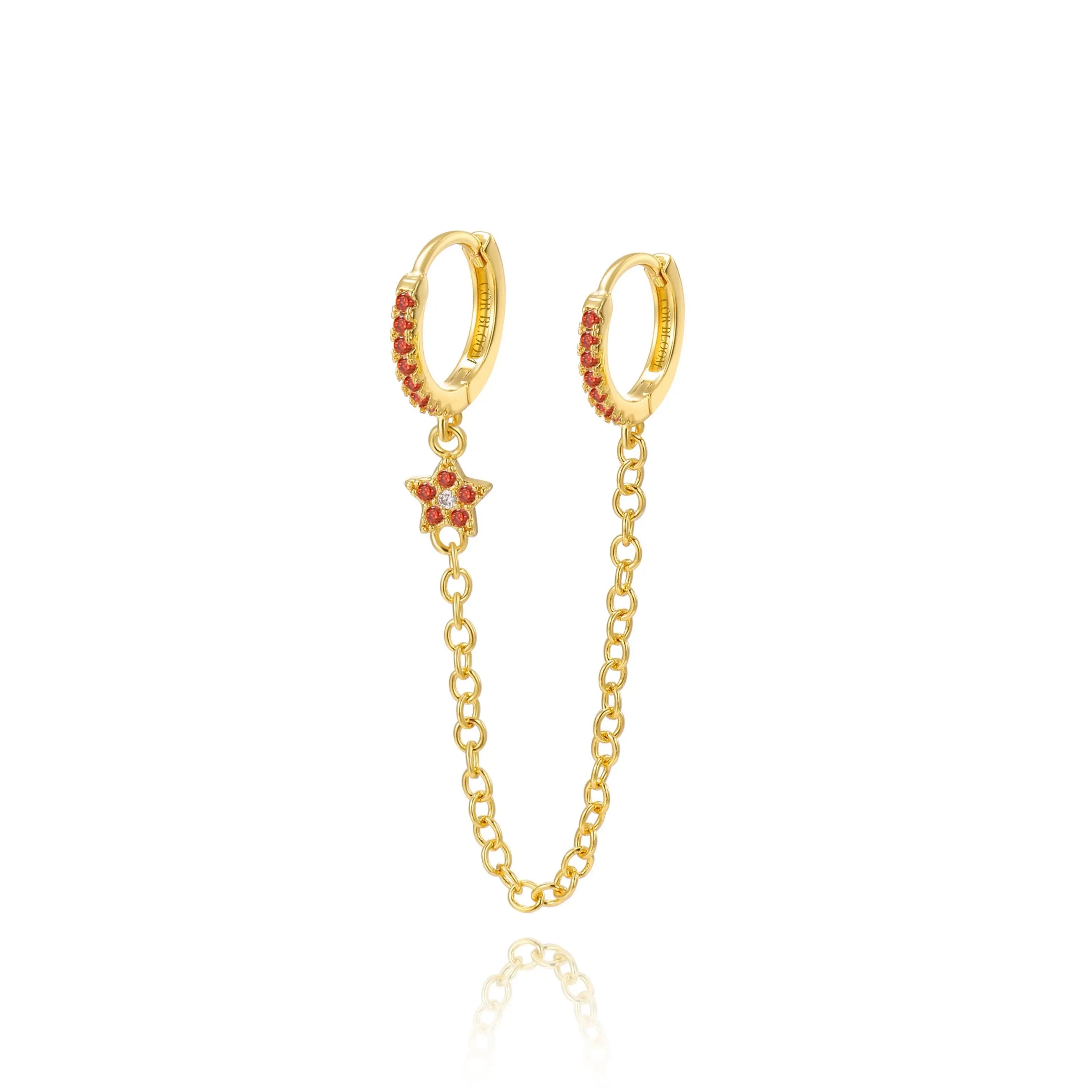 Aleena Pave Star Chain Earring - Red Garnet