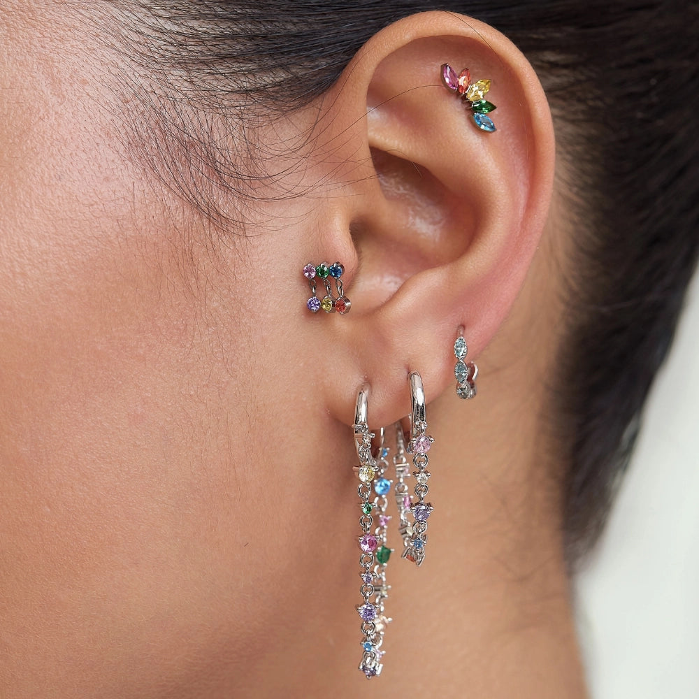 Livia Rainbow Gemstones Dangling Chain Hoop Earring
