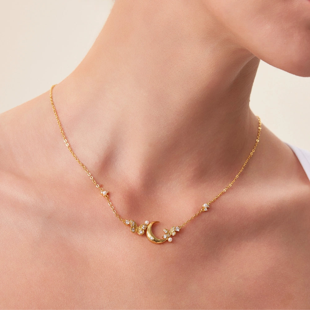 Diamond Crescent Moon & Butterfly Necklace