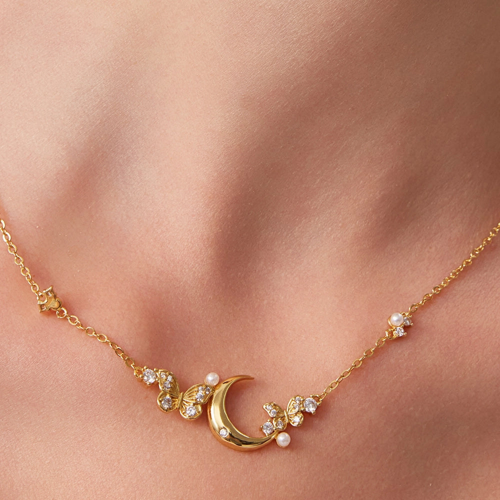 Diamond Crescent Moon & Butterfly Necklace
