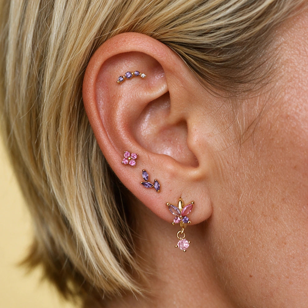 Nefeli Butterfly Huggie Earrings - Amethyst & Ruby