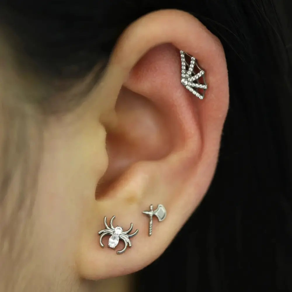 Titanium Diamond Spider Net Piercing Stud (Left Ear)