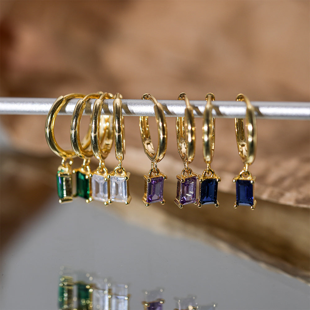 Rectangular Violet CZ Hoop Earrings