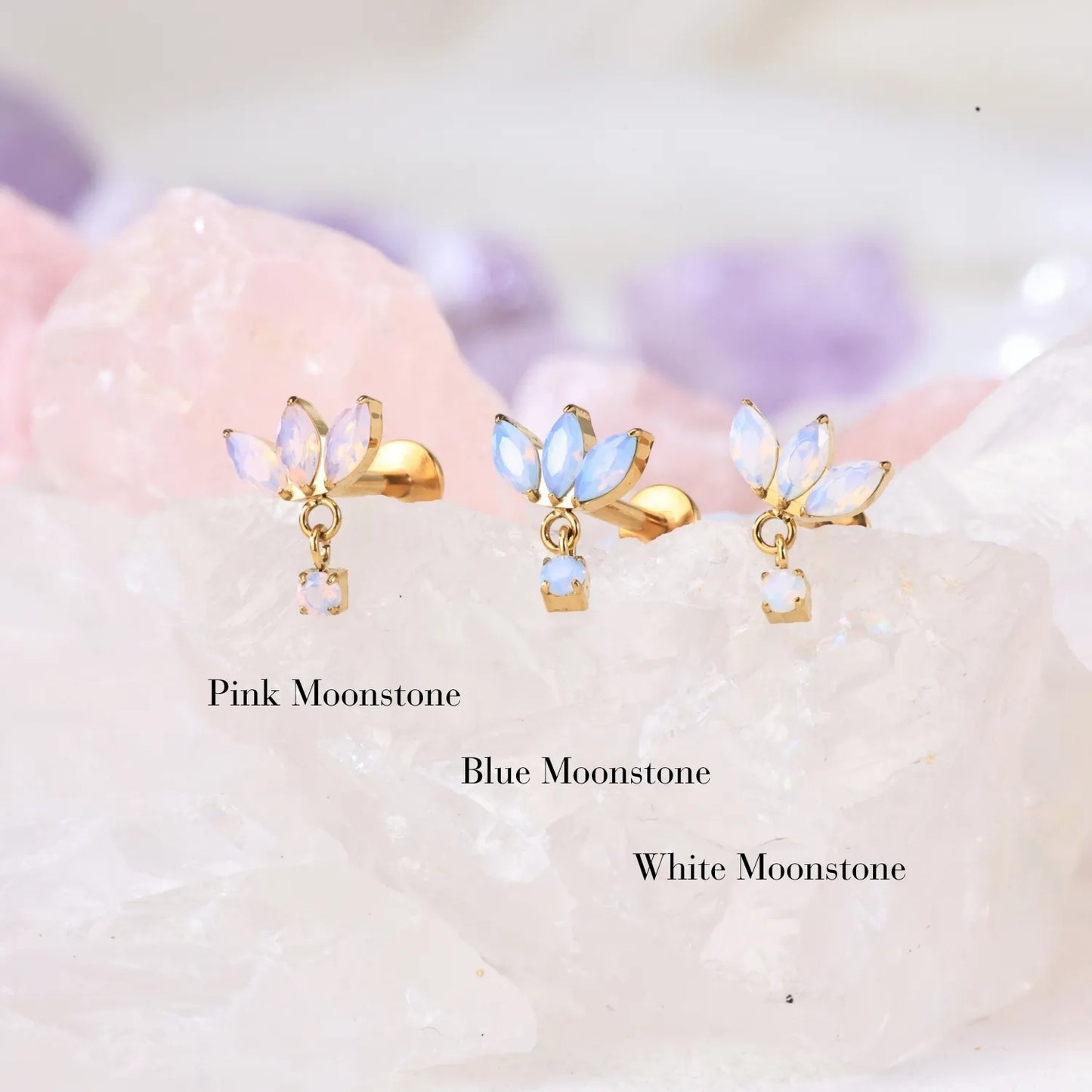 Titanium Sky Blue Moonstone Trio Marquise Piercing Stud