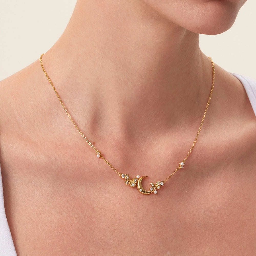 Diamond Crescent Moon & Butterfly Necklace