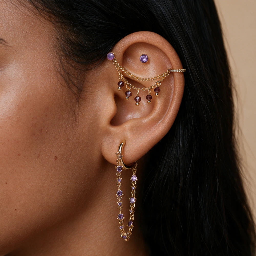 Livia Amethyst Dangling Chain Hoop Earring